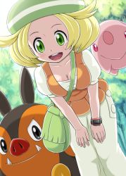 Rule 34 | 10s, 1girl, :d, bag, beret, bianca (pokemon), blonde hair, breasts, cleavage, creatures (company), forest, game freak, gen 5 pokemon, green eyes, hat, leaning forward, medium breasts, munna, nature, nintendo, open mouth, pignite, pokemoa, pokemon, pokemon (creature), pokemon bw, smile, vest