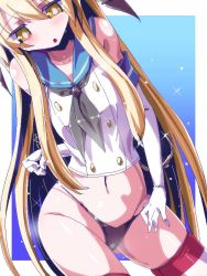 Rule 34 | 10s, 1girl, ascot, black panties, blonde hair, elbow gloves, gloves, kantai collection, long hair, miuku (marine sapphire), oekaki, panties, panty lift, shimakaze (kancolle), solo, striped clothes, striped thighhighs, thighhighs, underwear, yellow eyes
