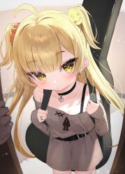 Rule 34 | 1girl, 1other, :o, ahoge, black choker, blonde hair, brown dress, choker, commentary request, dress, hair ornament, hair scrunchie, highres, instrument case, jewelry, long hair, long sleeves, looking at viewer, off-shoulder dress, off shoulder, orange scrunchie, original, parted lips, ring, scrunchie, sleeves past wrists, solo focus, tsukiman, two side up, very long hair, yellow eyes