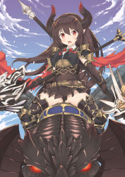 Rule 34 | &gt;:o, 10s, 1girl, :o, armor, armored boots, ass, belt, belt pouch, black footwear, black panties, black thighhighs, blue sky, blush, boots, bow, bowtie, bracer, breastplate, brooch, brown belt, brown dress, brown gloves, brown hair, buckle, cloud, collared shirt, day, dragon, draph, dress, dual wielding, elbow gloves, floating hair, flying, forte (shingeki no bahamut), gloves, glowing, glowing eyes, granblue fantasy, hair between eyes, holding, holding polearm, holding spear, holding weapon, horns, jewelry, lance, lo xueming, long hair, looking at viewer, neck ribbon, open mouth, outdoors, panties, pantyshot, pauldrons, pleated dress, pleated skirt, pointy ears, polearm, pouch, red bow, red eyes, red ribbon, red scarf, ribbon, riding, scarf, shingeki no bahamut, shirt, short dress, shoulder armor, sitting, skirt, sky, solo, spear, spread legs, thigh boots, thighhighs, underwear, v-shaped eyebrows, very long hair, weapon, white shirt, wind, wing collar, zettai ryouiki