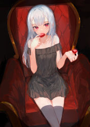 Rule 34 | 1girl, absurdres, armchair, bare shoulders, black background, black dress, chair, collarbone, commentary, dress, frilled dress, frills, hands up, heart, highres, holding, holding heart, ichika (ichika87), long hair, looking at viewer, off-shoulder dress, off shoulder, on chair, original, red eyes, silver hair, solo, symbol-only commentary, valentine, very long hair