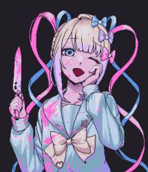 Rule 34 | 1girl, black background, blonde hair, blood, blood in hair, blood on clothes, blood on face, blood on hands, bloody knife, blue bow, blue eyes, blue hair, blue shirt, bow, chouzetsusaikawa tenshi-chan, eencya, grey hair, hair bow, hair ornament, hand on own cheek, hand on own face, heart, heart hair ornament, holding, holding knife, knife, long hair, long sleeves, looking at viewer, multicolored hair, multiple hair bows, needy girl overdose, one eye closed, open mouth, pin, pink blood, pink bow, pink hair, pixel art, purple bow, quad tails, sailor collar, school uniform, serafuku, shirt, simple background, smile, solo, straight-on, upper body, very long hair