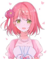 Rule 34 | 1girl, artist name, artist request, blush, bow, braid, braided bun, breasts, collarbone, dream with you (love live!), dress, dress bow, earrings, female focus, flower, frilled dress, frills, gloves, green eyes, hair bun, holding, holding petal, jewelry, looking at viewer, love live!, love live! nijigasaki high school idol club, love live! school idol festival, mito miura, necklace, orange hair, parted lips, pearl earrings, pearl necklace, petals, pink bow, pink flower, pink petals, pink wrist cuffs, puffy short sleeves, puffy sleeves, red hair, short hair, short sleeves, side bun, single hair bun, small breasts, smile, solo, uehara ayumu, upper body, white background, white dress, white gloves, wrist cuffs, yaura (mito miura), yellow eyes