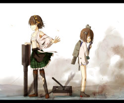 Rule 34 | 10s, 2girls, boots, commentary, crying, crying with eyes open, hair ornament, hairband, hiei (kancolle), kantai collection, letterboxed, mashayuki, multiple girls, nontraditional miko, pantyhose, personification, pleated skirt, school uniform, serafuku, short hair, skirt, tears, thigh boots, thighhighs, torn clothes, torn legwear, yukikaze (kancolle)