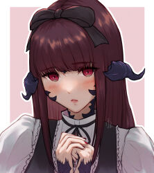 Rule 34 | 1girl, au ra, warrior of light (ff14), black ribbon, blush, final fantasy, final fantasy xiv, hair ribbon, highres, horns, iori haori, long hair, looking at viewer, nail polish, own hands together, parted lips, portrait, puffy sleeves, red eyes, red hair, red nails, ribbon, scales, solo, watermark