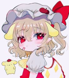 Rule 34 | 1girl, :t, animal ears, artist name, ascot, bandaid, beret, blonde hair, chromatic aberration, eyes visible through hair, flandre scarlet, hair between eyes, hat, highres, medium hair, mob cap, one side up, pointy ears, pompompurin, pout, puffy short sleeves, puffy sleeves, red eyes, renakobonb, ribbon, sanrio, short sleeves, simple background, solo, touhou, twitter username, white background, white hat, wings, yellow ascot