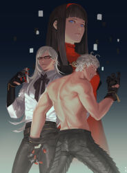 Rule 34 | 1girl, 2boys, absurdres, adam (nier:automata), belt, black belt, black gloves, black pants, blue eyes, closed mouth, collared shirt, eve (nier:automata), glasses, gloves, hairband, highres, long hair, looking at viewer, multiple boys, muscular, muscular male, nier, nier:automata, nier (series), on (isk1812), pants, red eyes, red girl (nier), red shirt, shirt, smile, teeth, topless male, white shirt