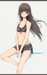 Rule 34 | 1girl, bare shoulders, bikini, breasts, brown hair, cleavage, crossed legs, expressionless, floral print, front-tie top, glasses, grey eyes, highres, letterboxed, long hair, looking at viewer, navel, okiru, original, simple background, sitting, small breasts, solo, swimsuit, v arms, wind