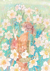 Rule 34 | 1girl, black ribbon, blush, brown hair, daffodil, flower, hair ribbon, highres, holding, holding flower, japanese clothes, kimono, leaf, looking at object, momochy, multicolored background, orange kimono, original, pastel colors, plant, ponytail, rabbit, ribbon, traditional media, white flower