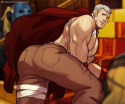Rule 34 | 2boys, alt text, ass, ass focus, bandaid, bandaid on cheek, bandaid on face, bara, bare pectorals, brown pants, cape, character request, clothes lift, feet out of frame, jimsdaydreams, large pectorals, leaning forward, looking at viewer, male focus, monster boy, multiple boys, muscular, muscular male, navel, nipples, pants, pectorals, persona, red cape, sanada akihiko, shirt behind neck, shirt lift, short hair, sideburns, solo focus, thick thighs, thighs, white hair, yaoi