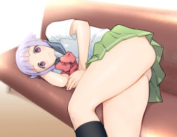 Rule 34 | 1girl, :3, arm behind head, ass, black socks, brown upholstery, couch, flat ass, fnc (upotte!!), legs, light purple hair, looking at viewer, lying, on side, purple eyes, purple hair, skirt, smile, socks, solo, thighs, ueyama michirou, upotte!!
