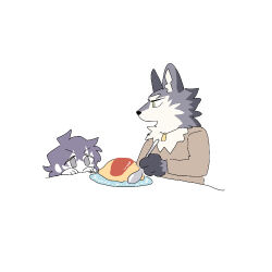 Rule 34 | 1boy, 1girl, animal ear fluff, animal ears, body fur, chibi, dog tags, food, furry, furry male, green eyes, grey eyes, grey fur, hand up, holding, holding spoon, looking at another, omelet, omurice, original, peeking out, plate, purple hair, rata (norahasu), simple background, spoon, table, upper body, white background, white fur, wolf boy, wolf ears