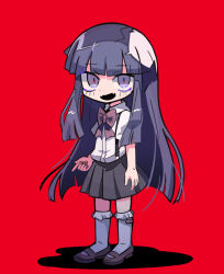 Rule 34 | 1girl, bags under eyes, blunt bangs, blunt ends, blush stickers, bow, bowtie, collared shirt, commentary request, double-parted bangs, fangs, fingernails, frilled socks, frills, full body, furude rika, grey skirt, higurashi no naku koro ni, kneehighs, long hair, mary janes, miniskirt, open mouth, pink bow, pink bowtie, pink footwear, pleated skirt, puffy short sleeves, puffy sleeves, purple eyes, purple hair, red background, school uniform, shadow, shirt, shoes, short sleeves, sidelocks, simple background, skirt, smile, socks, solo, standing, straight hair, suspenders, terada tera, very long hair, white shirt, white sleeves, white socks
