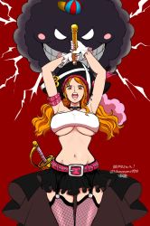 Rule 34 | 1girl, arms up, belt, black skirt, bracelet, breasts, choker, electricity, fishnet thighhighs, fishnets, gloves, hat, highres, holding, holding weapon, jewelry, large breasts, long hair, looking at viewer, midriff, nami (one piece), navel, one piece, one piece film: red, open mouth, orange eyes, orange hair, pirate, pirate hat, shinonome (7566ani), shoulder tattoo, skirt, staff, sword, tattoo, thighhighs, twintails, underboob, weapon, white gloves, zeus (one piece)