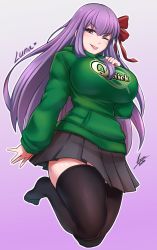 Rule 34 | &gt;:p, 1girl, airisubaka, alternate costume, bb (fate), bb (fate/extra), black thighhighs, breasts, casual, commentary, commission, english commentary, fate/extra, fate/extra ccc, fate/grand order, fate (series), full body, gradient background, green sweater, hair ribbon, highres, large breasts, long hair, looking at viewer, miniskirt, no shoes, one eye closed, purple background, purple eyes, purple hair, red ribbon, ribbon, signature, simple background, skirt, smile, solo, sweater, thighhighs, tongue, tongue out, very long hair, watermark