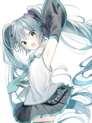 Rule 34 | 1girl, :d, aqua eyes, aqua hair, aqua necktie, armpits, black skirt, collared shirt, cowboy shot, detached sleeves, from side, hatsune miku, long hair, looking at viewer, necktie, open mouth, pikusu, pleated skirt, shirt, simple background, skirt, smile, solo, standing, thighhighs, twintails, vocaloid, white background, white shirt