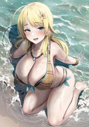 Rule 34 | 1girl, absurdres, bare shoulders, bikini, blonde hair, blue eyes, blush, breasts, cleavage, collarbone, commentary request, from above, full body, hachimiya meguru, hair ornament, highres, hotate-chan, idolmaster, idolmaster shiny colors, jewelry, kneeling, large breasts, long hair, looking at viewer, looking up, necklace, open mouth, outdoors, smile, solo, swimsuit, thighs, water, wet