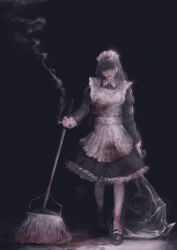 Rule 34 | 1girl, absurdres, apron, arai bokuseki, black background, black dress, black hair, blood, blood on clothes, blood on face, blood stain, blunt bangs, cigarette, commentary, dress, english commentary, expressionless, full body, grey eyes, highres, holding, holding cigarette, holding mop, long hair, long sleeves, looking at viewer, maid, maid headdress, mary janes, mop, original, pantyhose, shoes, smoke, solo, trash bag, white apron, white pantyhose