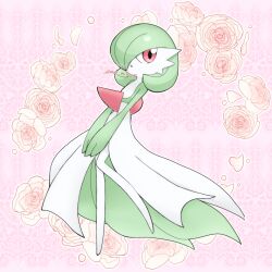 1girl :o artist_name bob_cut colored_skin creatures_(company) female_focus flat_chest floral_background flower game_freak gardevoir gen_3_pokemon green_hair green_skin hair_over_one_eye knees_together_feet_apart leg_up looking_at_viewer meru_(mer_milky77) multicolored_skin nintendo no_feet one_eye_covered open_mouth own_hands_together petals pink_background pink_flower pink_rose pokemon pokemon_(creature) red_eyes rose short_hair signature solo standing standing_on_one_leg twitter_username two-tone_skin v_arms white_skin