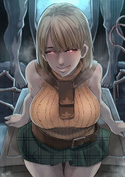 Rule 34 | 1girl, 2boys, ashley graham, belt, blonde hair, breasts, butcha-u, commentary request, glowing, glowing eyes, green skirt, heart, heart-shaped pupils, heavy breathing, highres, imminent penetration, large breasts, loose belt, monster boy, multiple boys, naughty face, orange eyes, orange sweater, out of frame, plaid, plaid skirt, pussy juice, pussy juice trail, resident evil, resident evil 4, ribbed sweater, short hair, skirt, sleeveless, sleeveless turtleneck, sweater, sweater around neck, symbol-shaped pupils, thigh gap, turtleneck, unmoving pattern