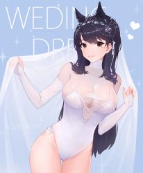 Rule 34 | 1girl, animal ear fluff, atago (azur lane), atago (lily-white vow) (azur lane), atago (lily-white vow) (azur lane), azur lane, black hair, blue background, breasts, bridal gauntlets, brown eyes, cleavage, collarbone, commentary, contrapposto, english text, extra ears, gluteal fold, gu tao, heart, highres, large breasts, leotard, long hair, looking at viewer, mole, mole under eye, revision, simple background, smile, solo, sparkle, thigh gap, upper body