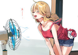 Rule 34 | 1girl, bare arms, bare shoulders, blonde hair, blue shorts, blush, breasts, closed eyes, collarbone, commission, electric fan, fanning self, hidamari sketch, indoors, lamb (hitsujiniku), leaning forward, long hair, low twintails, miyako (hidamari sketch), open mouth, pixiv commission, polka dot, polka dot scrunchie, red tank top, scrunchie, short shorts, shorts, small breasts, solo, standing, tank top, translated, twintails, white scrunchie