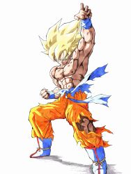 1boy abs blonde_hair blue_footwear boots dragon_ball dragonball_z fighting_stance full_body green_eyes highres male_focus medium_hair muscular muscular_male orange_pants pants pato007711 simple_background solo son_goku spiked_hair super_saiyan super_saiyan_1 torn_clothes torn_pants white_background