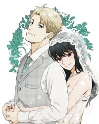 Rule 34 | 1boy, 1girl, aqua necktie, bare shoulders, black hair, blonde hair, blue eyes, blunt bangs, bridal veil, buttons, closed mouth, collared shirt, commentary, couple, dress, falling petals, grey vest, hair behind ear, head on another&#039;s shoulder, height difference, highres, holding hands, hug, hug from behind, husband and wife, jewelry, light blush, long hair, long sleeves, looking at viewer, necklace, necktie, pearl necklace, petals, red eyes, ring, shirt, short hair, sidelocks, smile, spy x family, strapless, strapless dress, tama . kogifu, twilight (spy x family), upper body, veil, vest, wedding dress, white background, white dress, white shirt, yor briar