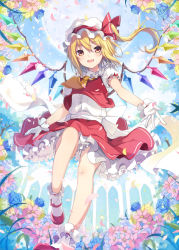 Rule 34 | 1girl, 6u (eternal land), blonde hair, bloomers, fang, flandre scarlet, flower, from below, full moon, gloves, hat, hat ribbon, mary janes, mob cap, moon, night, open mouth, petals, puffy short sleeves, puffy sleeves, ribbon, shirt, shoes, short sleeves, side ponytail, skirt, skirt set, sky, smile, solo, touhou, underwear, upskirt, vest, white gloves, wings