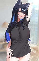 Rule 34 | 1girl, :p, animal ears, arm up, black hair, black shirt, blue eyes, blurry, blurry background, blush, breasts, closed mouth, cowboy shot, highres, large breasts, long hair, looking at viewer, original, patreon username, reiko (tofuubear), shirt, short sleeves, smile, solo, thighs, tofuubear, tongue, tongue out