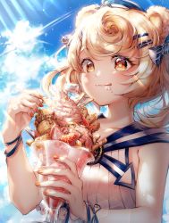 Rule 34 | :q, absurdres, animal ears, arknights, bare shoulders, bear ears, blonde hair, blue bow, blush, bow, closed mouth, cloud, collarbone, commentary request, cream, curly hair, day, eating, fingernails, food, food on face, fruit, gummy (arknights), gummy (summer flowers) (arknights), hair bow, hair ornament, hairclip, highres, huge filesize, ice cream, light rays, long hair, looking at viewer, menna (0012), nail polish, official alternate costume, orange eyes, orange nails, outdoors, ribbon, shirt, sleeveless, sleeveless shirt, smile, solo, strawberry, sunbeam, sundae, sunlight, tongue, tongue out, twintails, upper body, white shirt, wrist ribbon