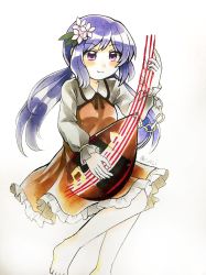 Rule 34 | 1girl, biwa lute, black neckwear, black ribbon, brown dress, closed mouth, dress, flower, hair flower, hair ornament, highres, instrument, long hair, long sleeves, lute (instrument), maa (forsythia1729), music, musical note, playing instrument, purple eyes, purple hair, ribbon, simple background, smile, touhou, traditional media, tsukumo benben, twintails, white background, white sleeves