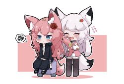 Rule 34 | 2girls, :d, :t, ^ ^, animal ear fluff, animal ears, black footwear, black jacket, black pants, black thighhighs, blush, character request, chibi, closed eyes, closed mouth, colored shadow, commentary, commission, english commentary, flower, flying sweatdrops, hair flower, hair ornament, hairclip, jacket, kurotofu, leaf, leaf on head, multiple girls, no shoes, open clothes, open jacket, open mouth, original, pants, pink background, pink hair, pouch, puffy pants, red flower, red rose, rose, sarashi, second-party source, shadow, shirt, shoes, short eyebrows, sleeves past wrists, smile, spoken squiggle, squiggle, standing, sweat, tail, thick eyebrows, thighhighs, two-tone background, white background, white hair, white shirt