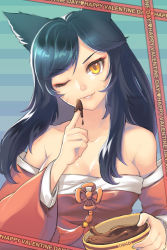 Rule 34 | 1girl, ahri (league of legends), animal ears, bare shoulders, black hair, chocolate, dakun, detached sleeves, happy valentine, korean clothes, league of legends, long hair, one eye closed, smile, solo, striped, striped background, valentine, wink, yellow eyes