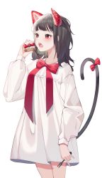 Rule 34 | 1girl, absurdres, black eyes, black hair, blush, bow, breasts, cake, collarbone, dress, food, fruit, hair fruit, hair ornament, hand up, highres, holding, holding cake, holding food, looking afar, medium hair, open mouth, original, red bow, red eyes, shurb, simple background, small breasts, solo, strawberry, tail, tail bow, tail ornament, teeth, upper teeth only, white background, white dress