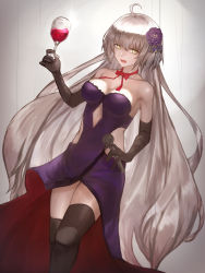 Rule 34 | 1girl, absurdres, ahoge, aito, alcohol, black gloves, black thighhighs, breasts, cleavage, commentary request, cup, dress, drinking glass, elbow gloves, fate/grand order, fate (series), feet out of frame, flower, gloves, grey hair, hair flower, hair ornament, highres, holding, holding microphone, jeanne d&#039;arc (fate), jeanne d&#039;arc alter (avenger) (fate), jeanne d&#039;arc alter (fate), large breasts, long hair, looking at viewer, microphone, official alternate costume, purple dress, purple flower, red neckwear, red ribbon, ribbon, simple background, solo, standing, thighhighs, very long hair, wine, wine glass, yellow eyes