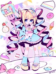 Rule 34 | 1girl, absurdres, blonde hair, blue bow, blue dress, blue eyes, blue hair, blue socks, blush, bow, cake, cake slice, chouzetsusaikawa tenshi-chan, closed mouth, collared dress, doughnut, dress, finger to mouth, food, fork, fruit, full body, hair bow, hair ornament, hand up, heart, heart hair ornament, highres, holding, holding fork, ice cream cone, long hair, long sleeves, looking at viewer, m1yosy, macaron, multicolored hair, multiple hair bows, needy girl overdose, oversized object, pink bow, pink hair, plate, quad tails, shoes, smile, socks, solo, standing, strawberry, sweets paradise, swiss roll, twintails, twitter username, very long hair, white bow, white footwear, yellow bow