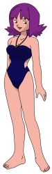 Rule 34 | 1girl, barefoot, brown eyes, creatures (company), game freak, half-closed eyes, highres, jewelry, looking at viewer, nintendo, one-piece swimsuit, philena ivy, pokemon, pokemon (anime), pokemon (classic anime), purple hair, solo, swimsuit