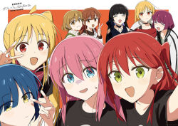 6+girls ahoge black_dress black_hair black_shirt blonde_hair blue_eyes blue_hair blush bocchi_the_rock! border brown_hair character_request clothing_cutout commentary_request copyright_name dress gotoh_hitori green_hair hair_between_eyes hiroi_kikuri ijichi_nijika ijichi_seika kerorira kessoku_band kita_ikuyo labret_piercing long_hair looking_at_viewer multiple_girls official_art one_side_up open_mouth outside_border pa-san pink_hair purple_eyes red_eyes red_hair red_sweater sharp_teeth shirt short_hair shoulder_cutout siblings side_ponytail sisters sweatdrop sweater teeth v white_border yamada_ryo yellow_eyes