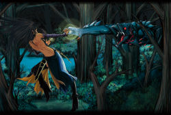 Rule 34 | 1girl, back, backless outfit, bare back, bare shoulders, battle, black hair, castlevania: order of ecclesia, castlevania (series), claws, demon, detached sleeves, dimples of venus, forest, high heels, long hair, monster, nature, night, outdoors, outstretched arm, outstretched hand, reaching, shanoa (castlevania), shoes, soffi(d), tattoo, thighhighs, tree, very long hair