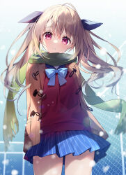 Rule 34 | 1girl, blue bow, blue skirt, blush, bow, brown hair, chain-link fence, coat, commentary request, fence, green scarf, hair between eyes, hair ribbon, highres, jacket, long hair, long sleeves, looking at viewer, open mouth, original, outdoors, parted lips, pleated skirt, red eyes, ribbon, scarf, school uniform, skirt, snowing, solo, standing, striped, suimya, twintails, vertical stripes