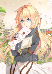 Rule 34 | 1girl, absurdres, blonde hair, blue eyes, blush, closed mouth, commentary, dress, envelope, from side, frown, hair between eyes, highres, holding, holding letter, letter, long sleeves, looking at viewer, mechanical, mechanical arms, painttool sai, petals, puffy long sleeves, puffy sleeves, single mechanical arm, skirt, solo, standing, upper body, violet evergarden, violet evergarden (series), yiyu qing mang