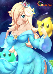Rule 34 | 1girl, artist name, bare shoulders, blonde hair, blue eyes, blue gemstone, blurry, blurry background, breasts, cleavage, collarbone, creature, crown, dress, eyeliner, floating, flower, gem, glint, grass, groin, hair over one eye, hand on own shoulder, highres, holding, impossible clothes, impossible dress, jewelry, large breasts, long hair, looking at viewer, luma (mario), makeup, mario (series), medium breasts, mini crown, nintendo, no bra, parted lips, path, patreon, rainbowscreen, red gemstone, road, rosalina, side slit, sky, solo, space, sparkle, star (sky), star (symbol), starry sky, super mario bros. 1, super mario galaxy, tsurime, wand, wide sleeves