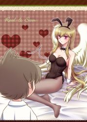 Rule 34 | 1boy, 1girl, age difference, angel, angel wings, animal ears, bad id, bad pixiv id, bare shoulders, bed, blonde hair, blush, bow, bowtie, breasts, cleavage, couple, fake animal ears, feet, grey hair, hapiko, heart, highres, long hair, pantyhose, playboy bunny, purple eyes, rabbit ears, rabbit tail, raiel, red eyes, short hair, sitting, sizer, surprised, tail, violinist of hameln, wings, wrist cuffs
