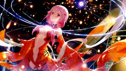 Rule 34 | 1girl, absurdres, blush, breasts, cleavage, dress, guilty crown, highres, long hair, medium breasts, navel, open mouth, pink hair, red eyes, solo, yuzuriha inori