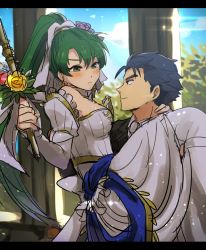 Rule 34 | 1boy, 1girl, armor, bare shoulders, blue eyes, blue hair, blush, bouquet, breasts, bridal veil, bride, cape, carrying, choker, closed mouth, couple, day, detached sleeves, dress, eye contact, fire emblem, fire emblem: the blazing blade, fire emblem heroes, flower, formal, green eyes, green hair, hector (fire emblem), hetero, high ponytail, highres, husband and wife, indoors, kometubu0712, long hair, looking at another, lyn (bridal) (fire emblem), lyn (fire emblem), medium breasts, neck, nintendo, pink flower, ponytail, princess carry, short hair, shy, sky, smile, suit, veil, very long hair, wedding, wedding dress, white choker, white detached sleeves, white dress, yellow flower