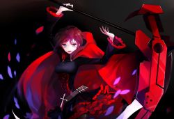 Rule 34 | 1girl, bad id, bad pixiv id, black background, black eyes, cape, cross, dress, judy6241, open mouth, pantyhose, red hair, ruby rose, rwby, scythe, short hair, skirt, solo, weapon