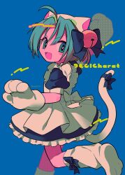 Rule 34 | 1girl, ahoge, animal ear headwear, animal ears, animal hands, apron, arm up, back bow, bell, black bow, black dress, blue background, blue eyes, blush, bow, cat ears, cat tail, copyright name, dejiko, di gi charat, dress, fake animal ears, foot out of frame, foot up, frilled apron, frilled dress, frills, from behind, gloves, green hair, hair bell, hair bow, hair ornament, halftone, highres, jingle bell, looking back, maid apron, menma (enaic31), open mouth, paw gloves, paw shoes, puffy short sleeves, puffy sleeves, raised fist, running, short hair, short sleeves, smile, solo, tail, twitter username, v-shaped eyebrows, white apron, white bow