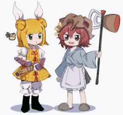 Rule 34 | 1girl, 1other, androgynous, apron, armor, bambootea, black footwear, blonde hair, bloomers, blue shirt, blunt bangs, boots, brown footwear, brown headwear, brown skirt, crossover, double bun, frilled apron, frills, hair between eyes, hair bun, hair ribbon, haniwa (statue), helmet, holding, joutouguu mayumi, katano sukune, katano sukune&#039;s bottle opener, len&#039;en, long sleeves, medium hair, open mouth, puffy short sleeves, puffy sleeves, red eyes, red hair, red ribbon, ribbon, shirt, short hair, short sleeves, simple background, skirt, slippers, smile, stage connection, touhou, trait connection, underwear, white apron, white background, white bloomers, white ribbon, white shirt, yellow eyes