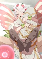 Rule 34 | 1boy, 1girl, absurdres, ahoge, butterfly wings, capelet, closed mouth, commission, commissioner upload, couple, fairy, fairy wings, fazekas, feet, fire emblem, fire emblem fates, fire emblem heroes, flower, gradient clothes, green bracelet, hair flower, hair ornament, hair vines, hairband, hetero, highres, hood, hood up, hooded robe, hug, impregnation, insect wings, kiran (fire emblem), kiran (male) (fire emblem), leaf bracelet, leg lock, lower teeth only, nina (fire emblem), nina (resplendent) (fire emblem), nintendo, non-web source, official alternate costume, open mouth, ovum, pantyhose, parted bangs, pink capelet, pink flower, robe, saliva, sex, soles, sperm cell, straddling, sweat, teeth, toes, vine print, white flower, white hair, wings